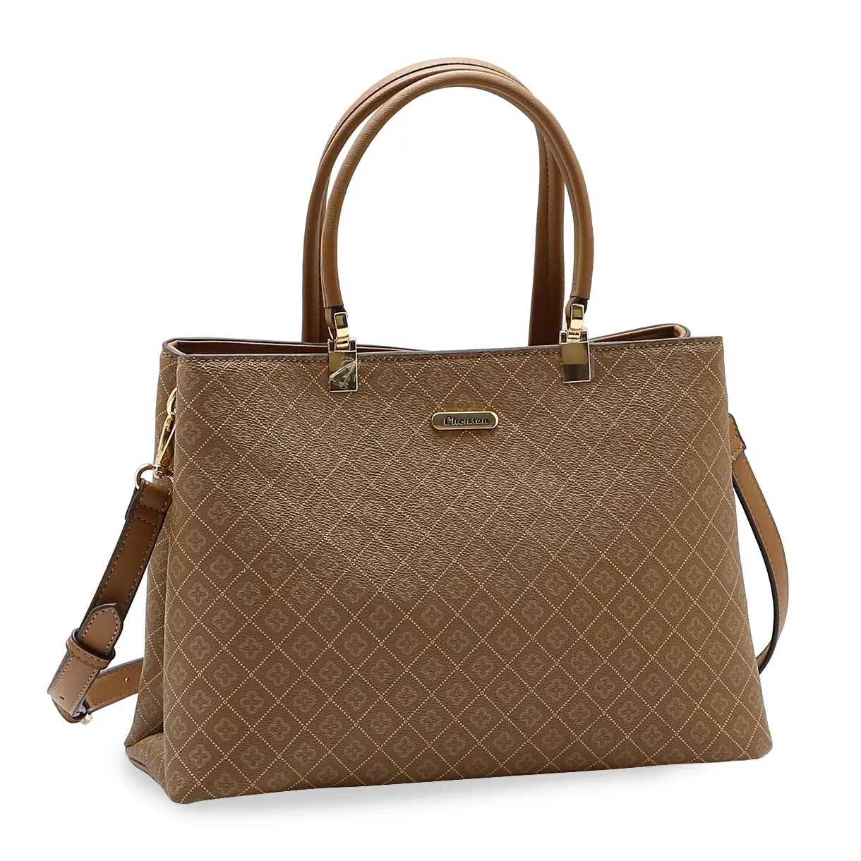 Bolsa feminina Chenson bege com padrão gráfico em relevo, vista frontal lateral direito